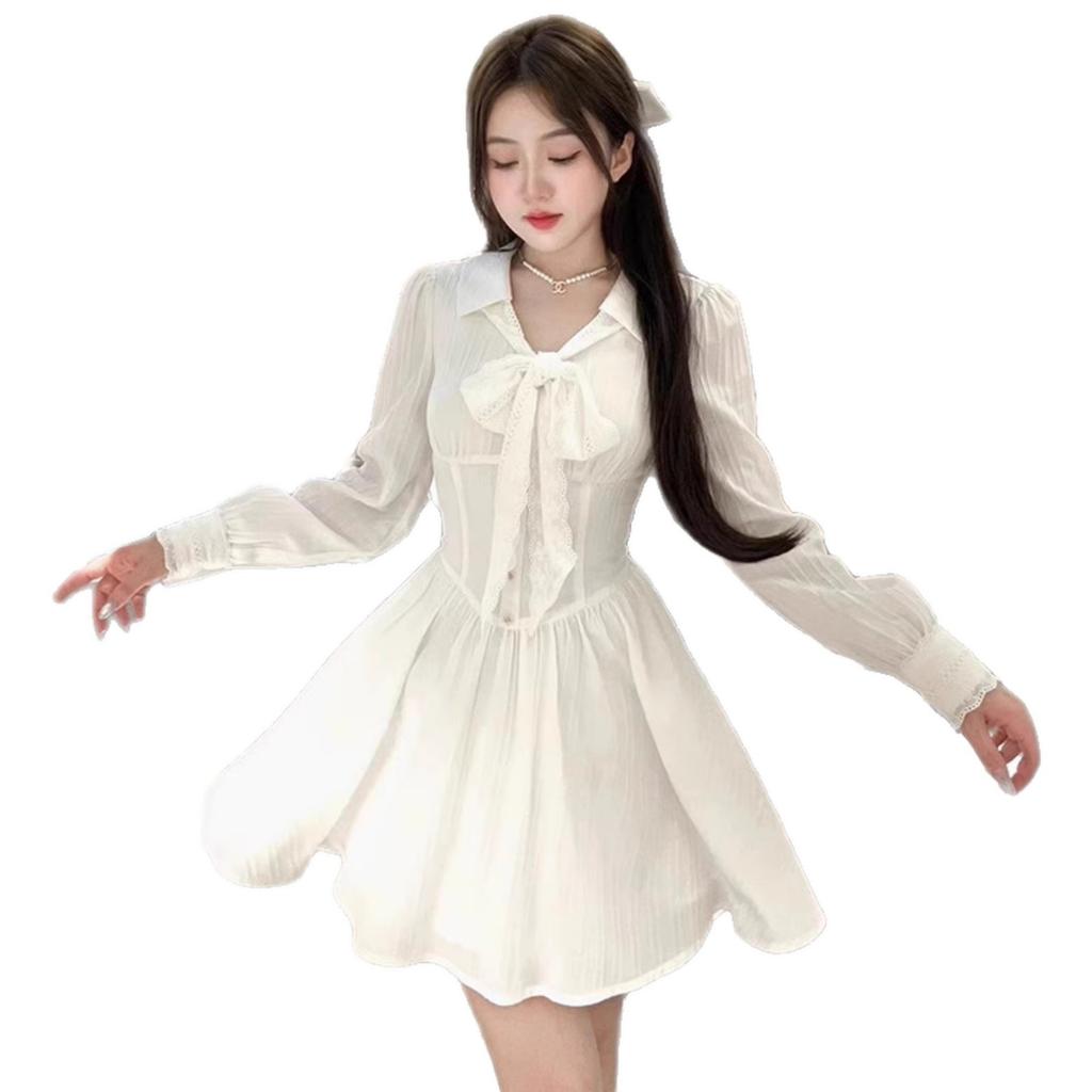 French Sweet Gentle Wind Bow Lace-Up Lapel Long Sleeve Waist Dress Women's Spring Temperament White Skirt