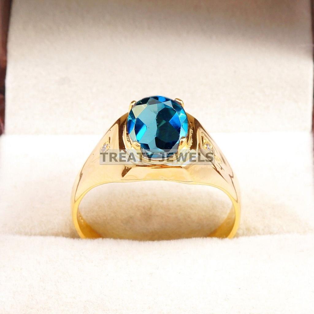 Anello da Uomo in Argento Sterling 925 Placcato Oro con Topazio Blu Londra Ovale #B231 JL375675983952