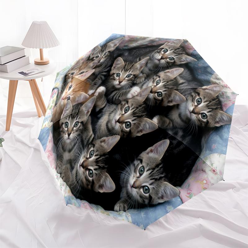 1 PC Automatic Folding Umbrella - Puppies Kittens Pattern, Portable & Foldable Design with 8 Ribs, Christmas Birthday Gifts