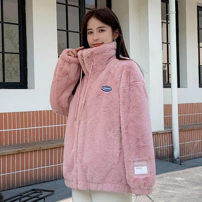 

Fashion Solid Color Loose Versatile Casual Long-sleeved Jacket Women s 2025 Winter New Spliced Stand-up Collar Zipper Pocket S