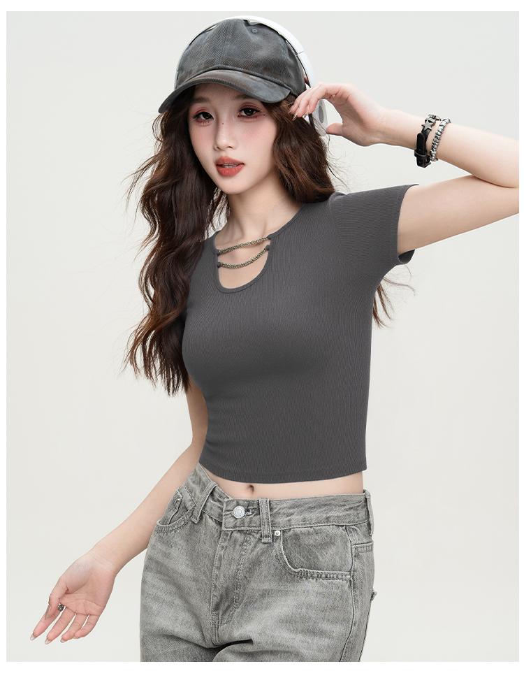 Summer trendy design chain t-shirt regular short sleeved slim fit short top for women cool