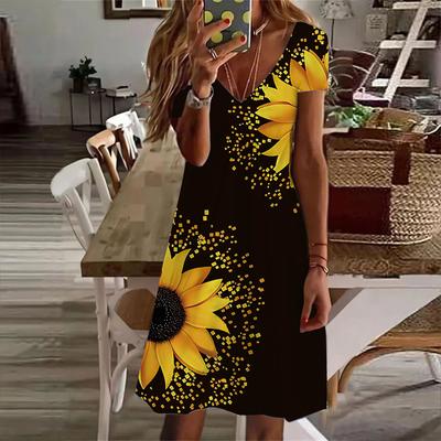 Summer Fashion Women's V Neck Short Sleeve Sunflower Printed  Dress Sex Short Skirt Dresses