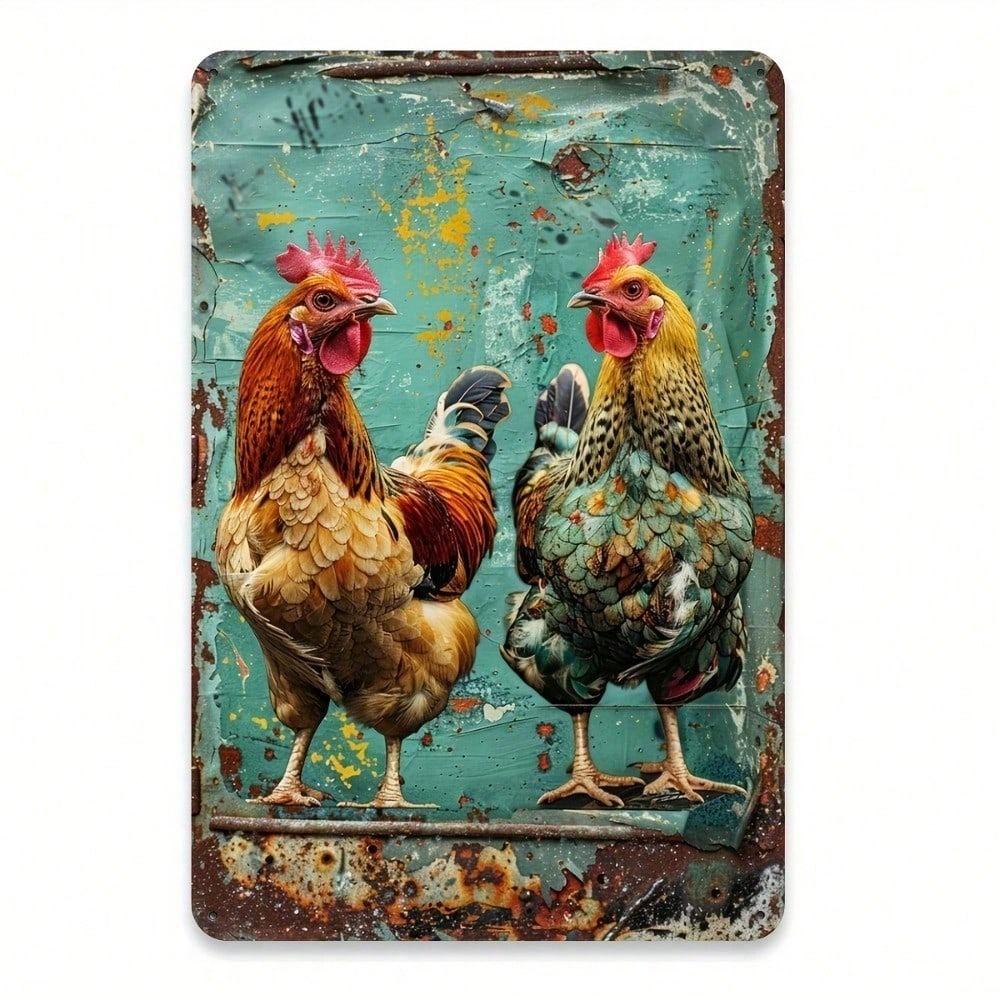 Vintage Chicken Metal Tin Sign 8x12 Inch, Rustic Rooster & Hen Wall Art, Teal Farmhouse Decor for Home Office Cafe