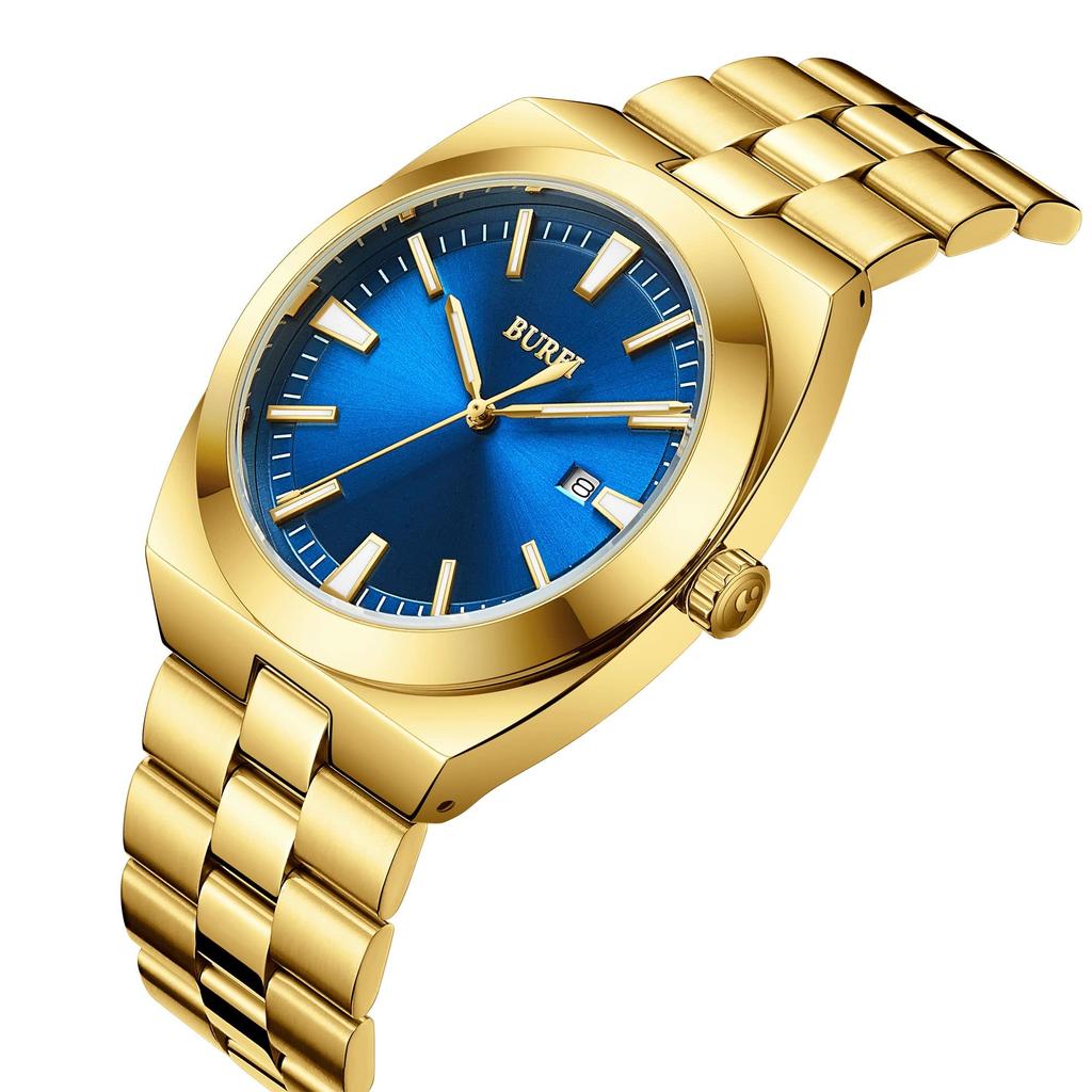 BUREI Men's Analog Quartz Watch, Gold, Waterproof, Date Display, Large Dial, Popular, Stylish, Gentleman's, Business, Casual, Luminous, Gold Watch