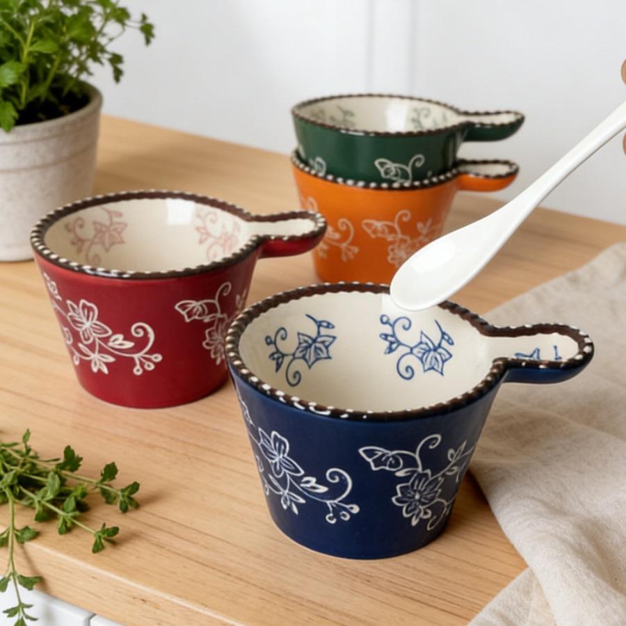 Ceramic Bowl with Handle Multifunctional Baking Bowl Oven Microwave Handmade French Tableware Coffee Cup Breakfast Cereal Bowl