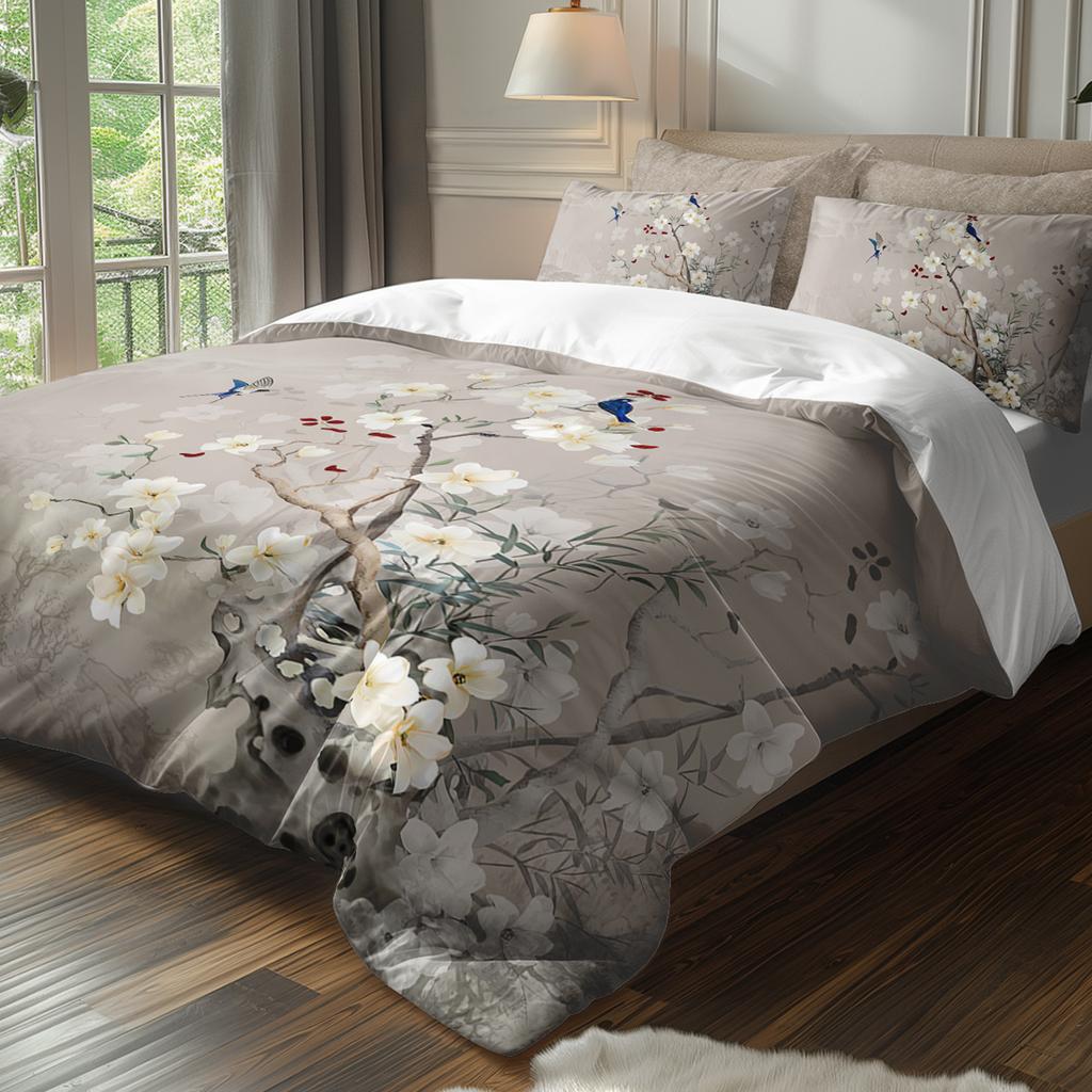 3pcs Elegant Blossom Bird Bedding Duvet Cover Set Japanese Style Bedding Quilt Set Soft Spring Themed Bed Quilt Set Grey Floral