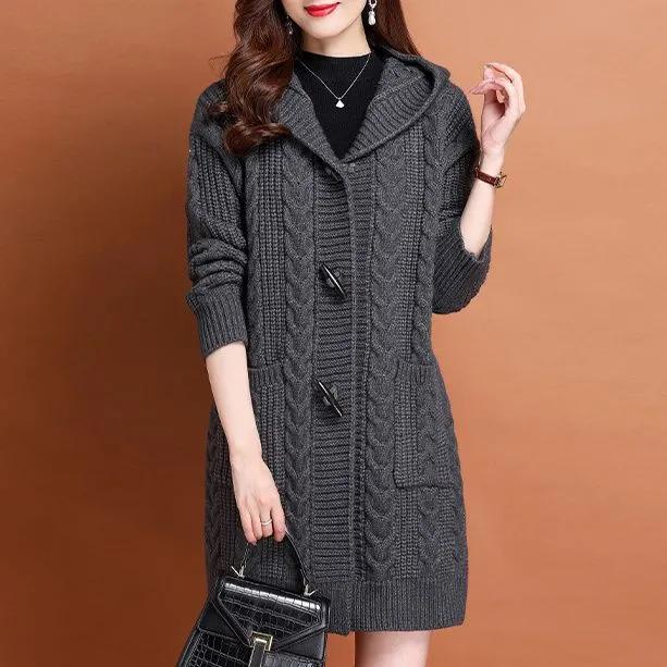 Women Spring Autumn Hooded Cardigan Sweater Jacket Ladies Mid Length Sweater Casual Knitted Overcoat