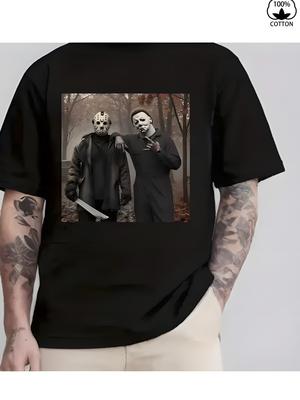 Heavyweight Men's Graphic T-Shirt - Black Casual Round Neck Short Sleeve Tee with Unique Print Design