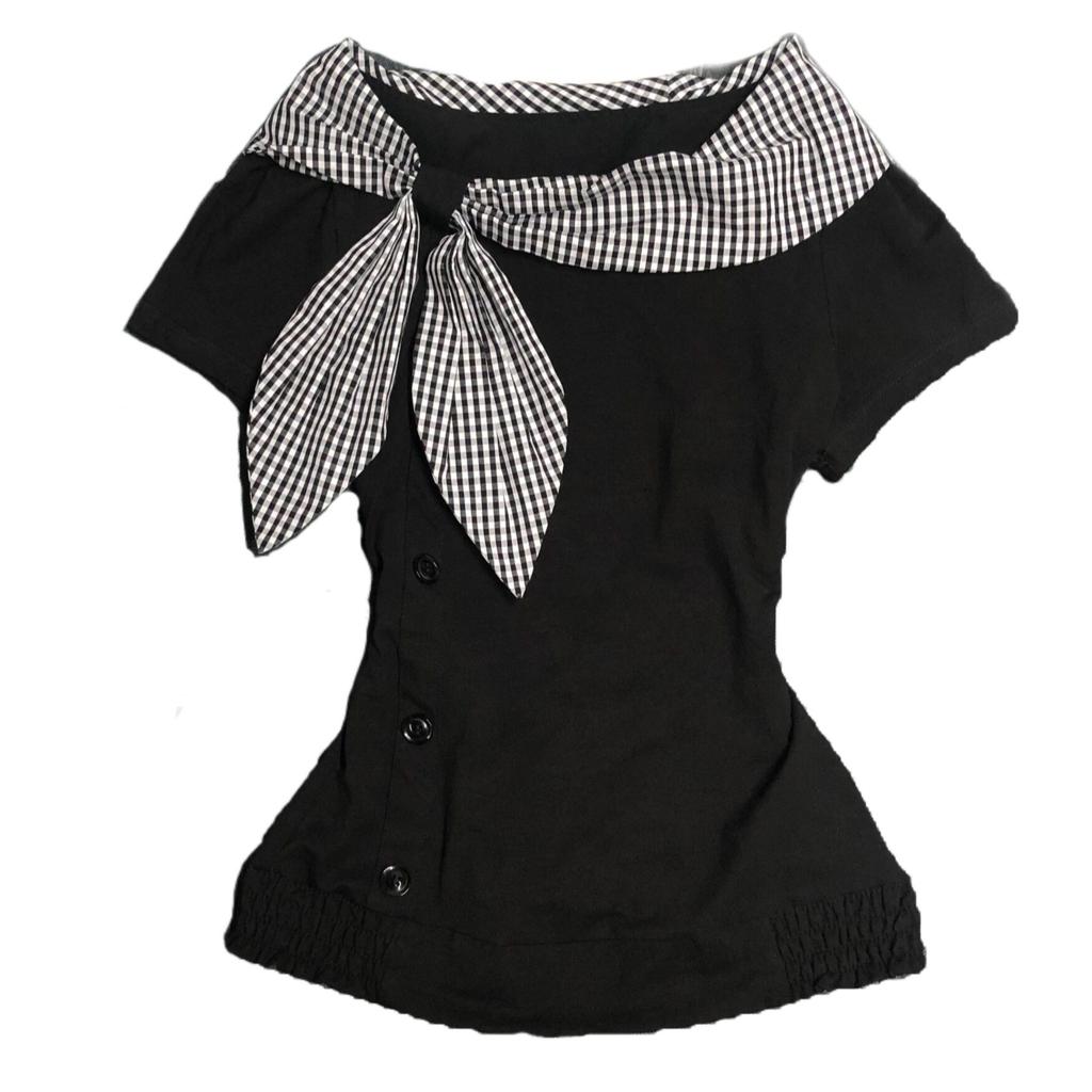 2KWEIRD Magliette in Cotone Abbigliamento Donna Moda Irregolare Camisetas Top Y2k Ropa Mujer Tartan Colletto da Marinaio Kawaii Magliette Estive