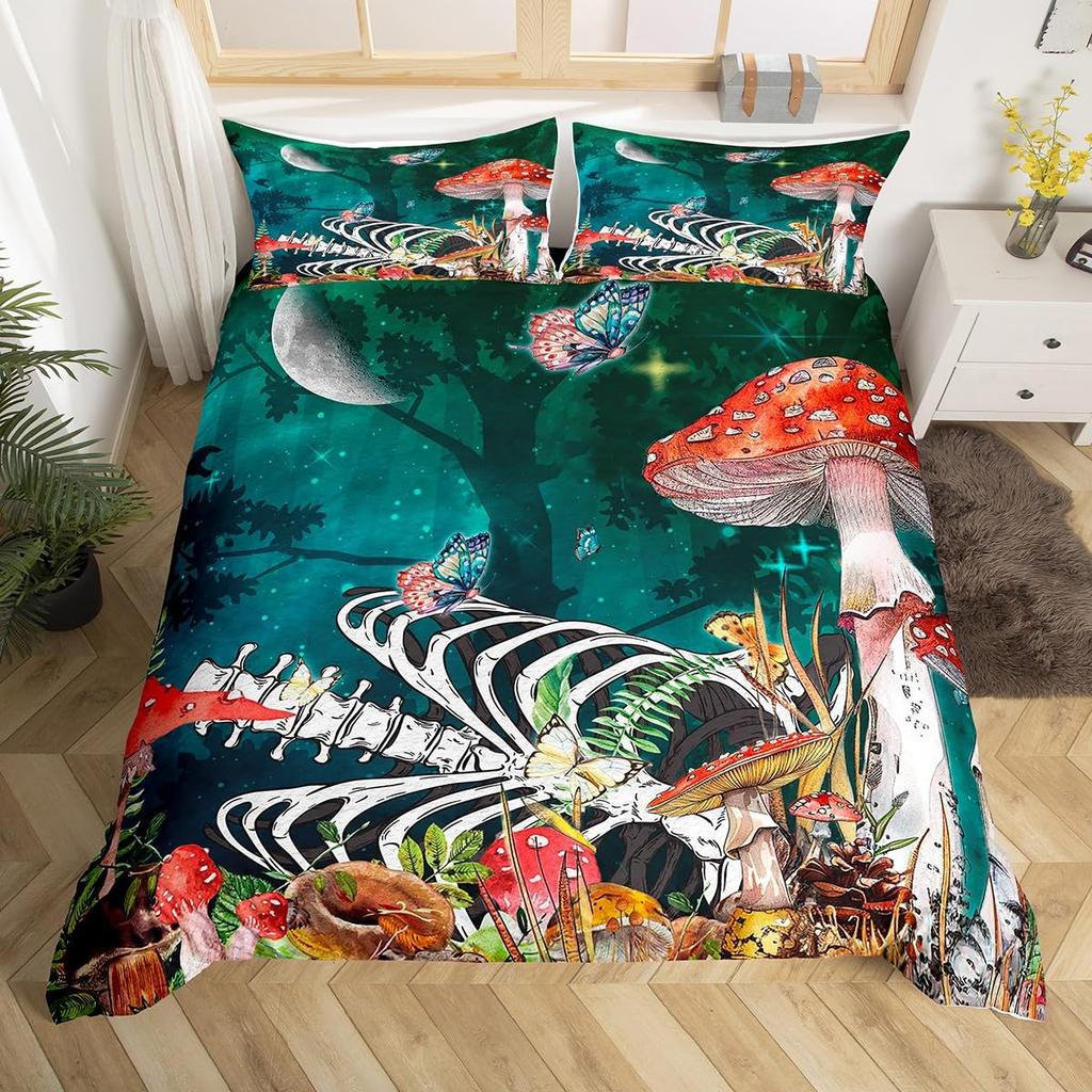 Gothic Skull Bedding Set King Queen Bohemian Skeleton Sun Duvet Cover Trippy Mushroom Comforter Cover Flower Plant Quilt Cover