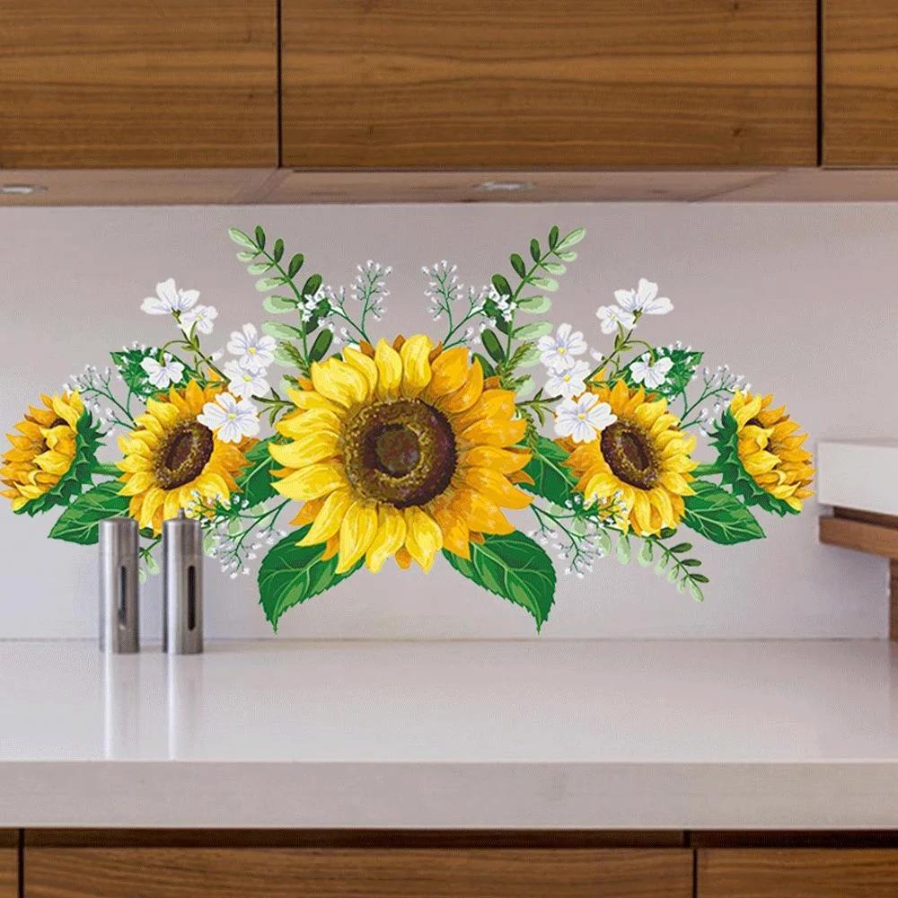 Pegatinas de Pared de Girasol 60cmx30cm Decoración para Habitación Infantil Flor Adhesiva para Dormitorio Decoración del Hogar Papel Pintado Adhesivo