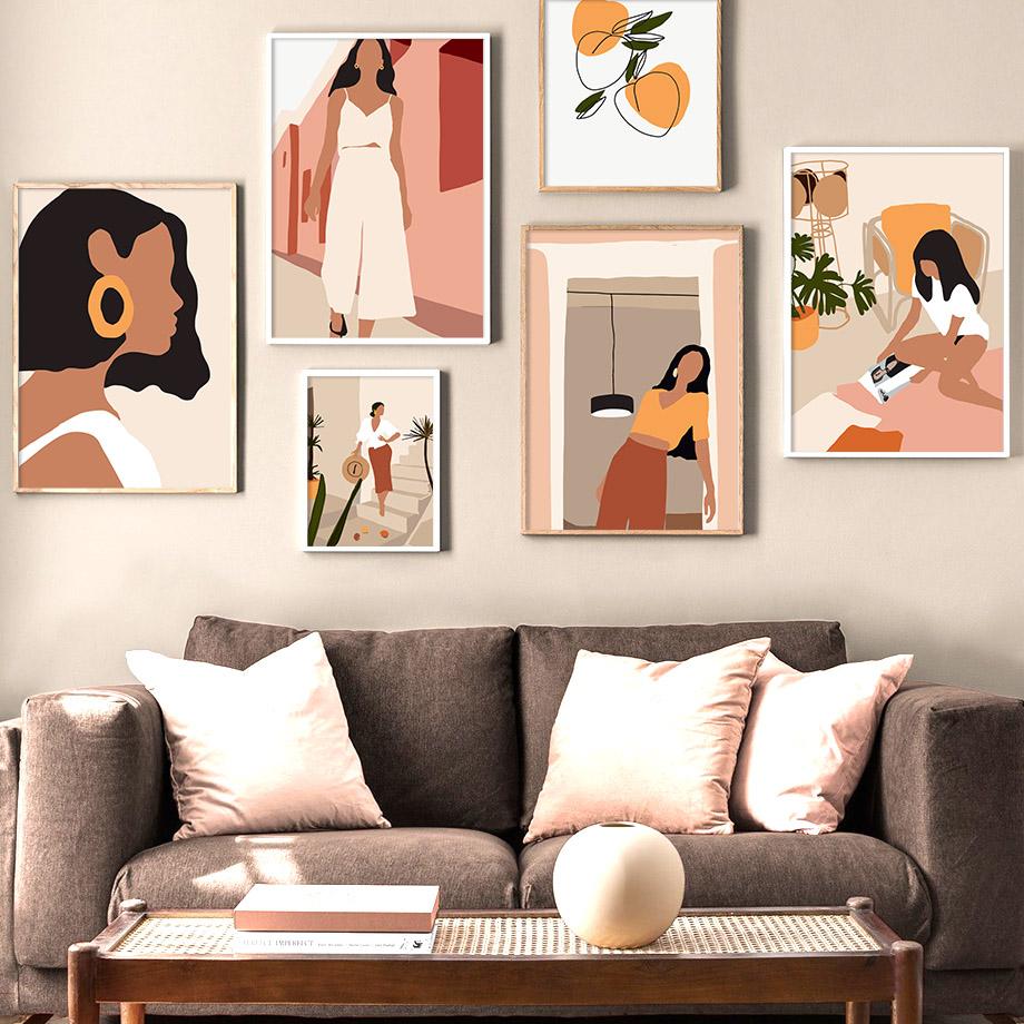 Abstract Girl Monstera Leaf Boho Vintage Nordic Posters And Prints Wall Art Canvas Painting Wall Pictures For Living Room Decor