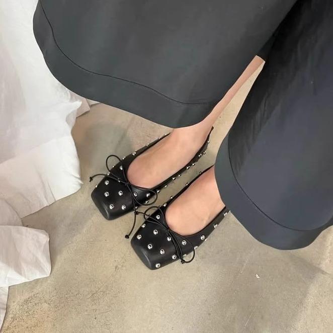 Sheepskin Version~ French Square Head Rivet Design Bow Thick Heel Light Mouth Mary Jane Sandals 25 Years Summer Shoes