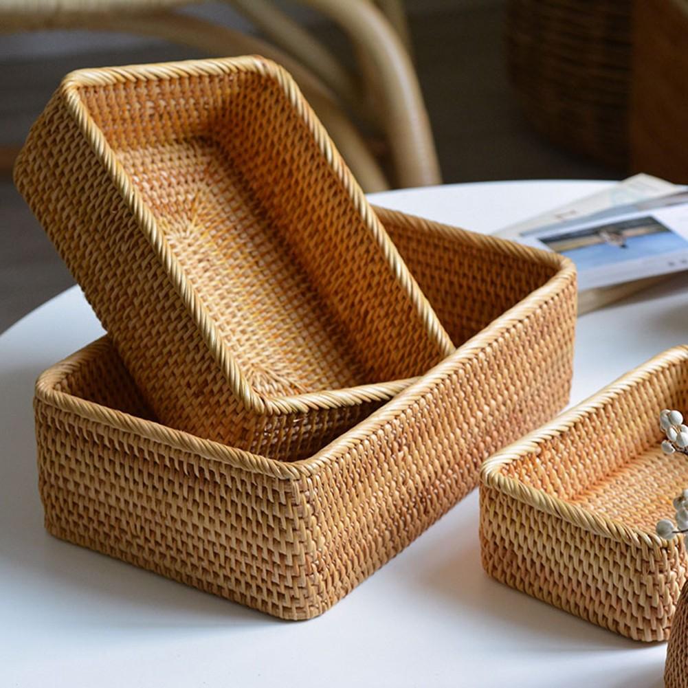 Rattan Hand Woven Square Storage Basket for Fruits and Office Supplies