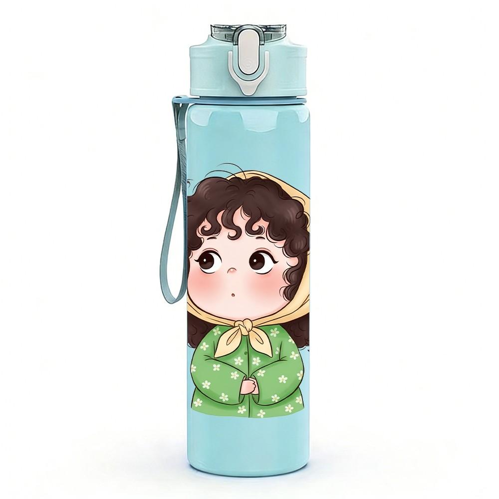 1PC Little Girl Dark Hood Cartoon Print 750ml Color Plastic Sports Water Bottle Leakproof Flip Straw Lid Suitable for Sports Office Home Use