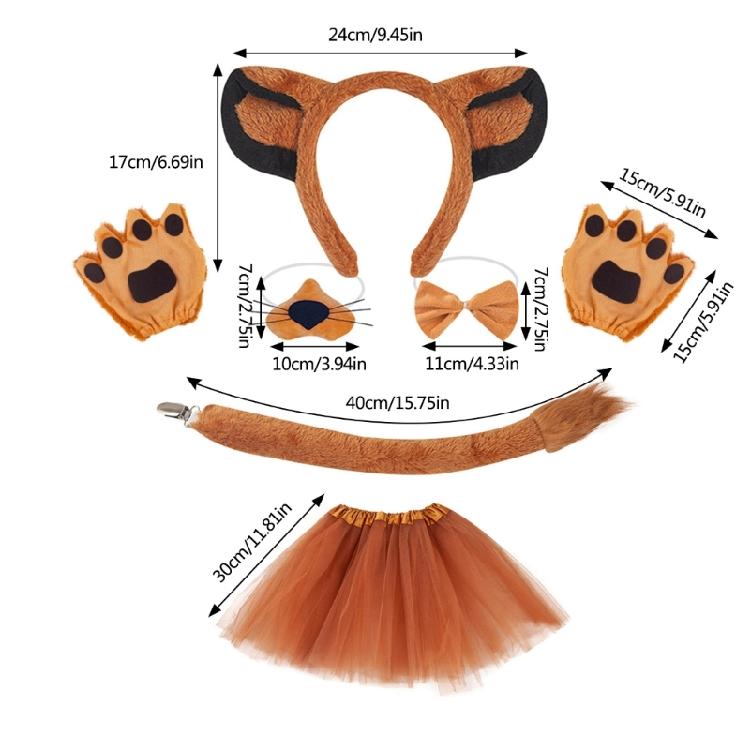 Set Cerchietto Capelli Leone Coda Peluche Naso Finto Orecchie Cane Fascia Gonna a Rete Marrone Set Cosplay Animali per Halloween