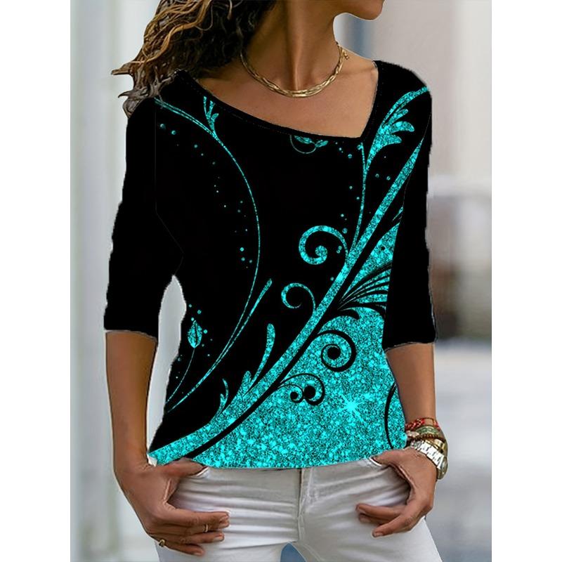 

Plus Size 2024 Summer New Women s Printed Pattern T-Shirt Asymmetric Neck Long Sleeve Loose Top 4XL