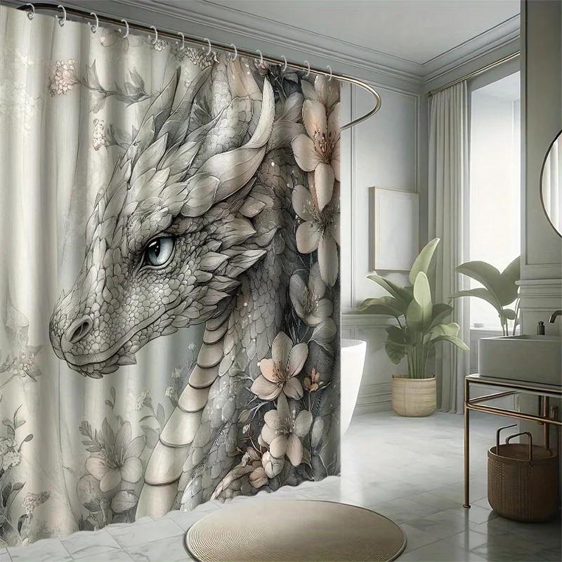 

White Dragon & Floral Shower Curtain Set -Fantasy Cartoon Theme,Water-Resistant Polyester,Machine Washable,Modern Bathroom De W60H190(CM)-1 Pcs