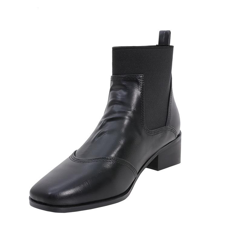 32-41 Genuine Leather Ankle Boots Comfort Women Short Boots Autumn Winter Mid Heel Square Toe Chelsea Elastic Boots For Women