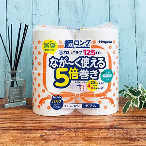 Marutomi Paper [Case Sale] Penguin Extra Long Pulp Toilet Paper, 125m, 4 Rolls, Double, 4 Packs