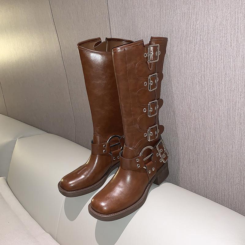 Dámské kozačky ke kolenům vysoká platfora s hřebínky jaro léto rytíř bojová gotika elegantní střední podpatek dámské boty motocyklová obuv