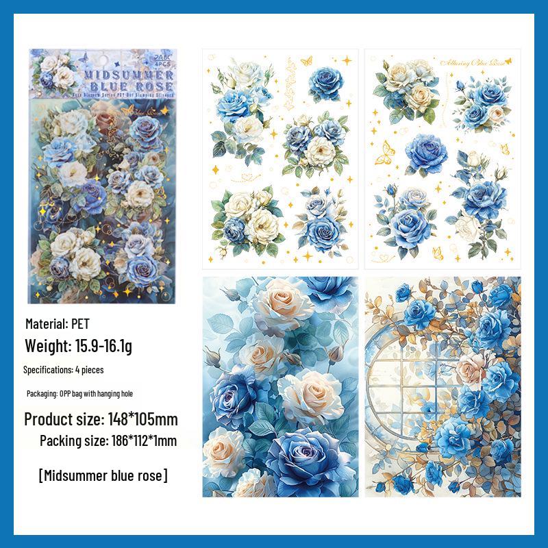 Yuezhen Rose Die-Cut Waterproof PET Journal Stickers - Creative Floral Designs