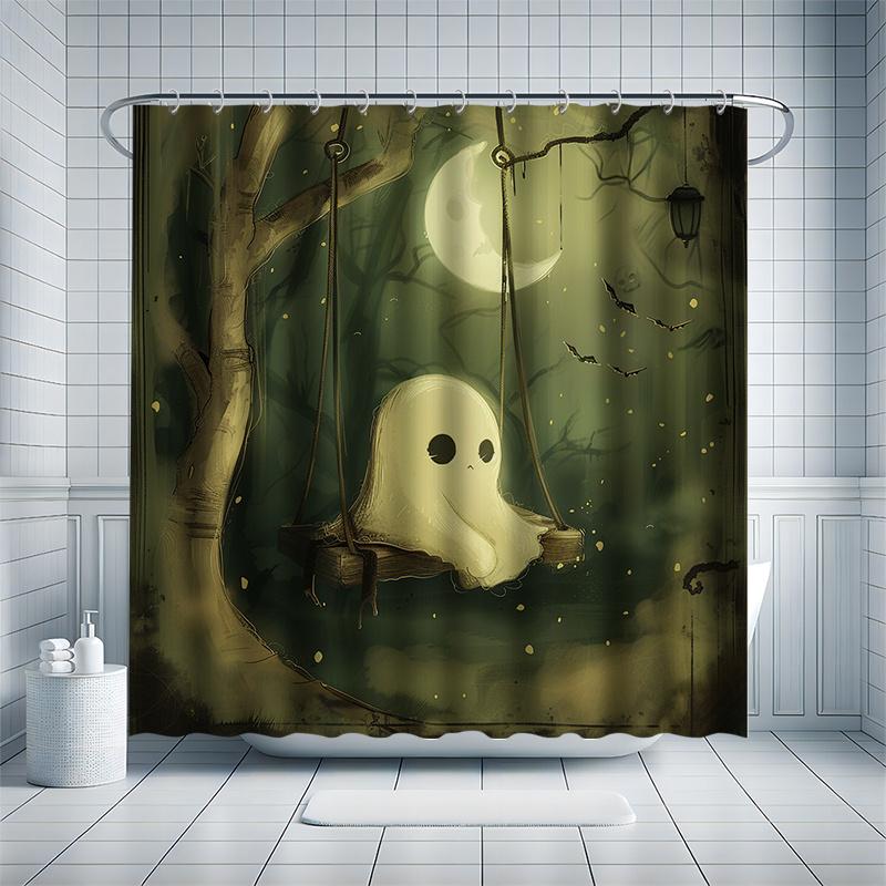 Halloween Söt Spökduschdraperi Set, Svingande Litet Spöke, Vattentät Polyester, Badkarsavdelare, Modern Badrumsdekoration