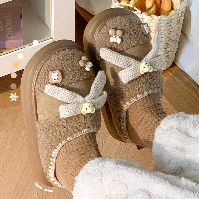 Winter new cotton drag bear bow sweet plush warm home slippers low top plush