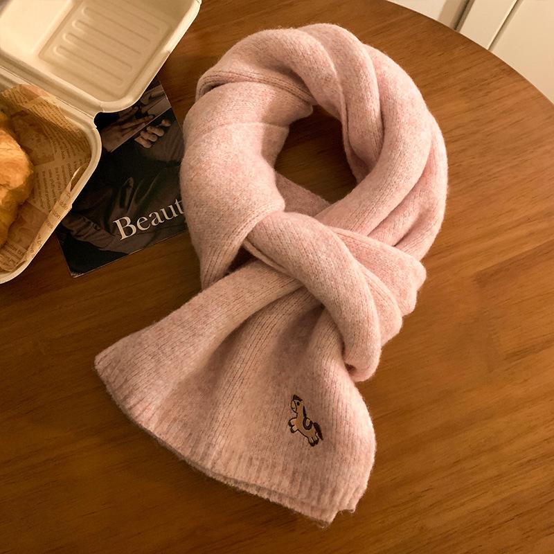 New Embroidered Pony Knitted Wool Scarf Women's Autumn and Winter Korean Version Versatile Small Fresh Couple Scarf Men