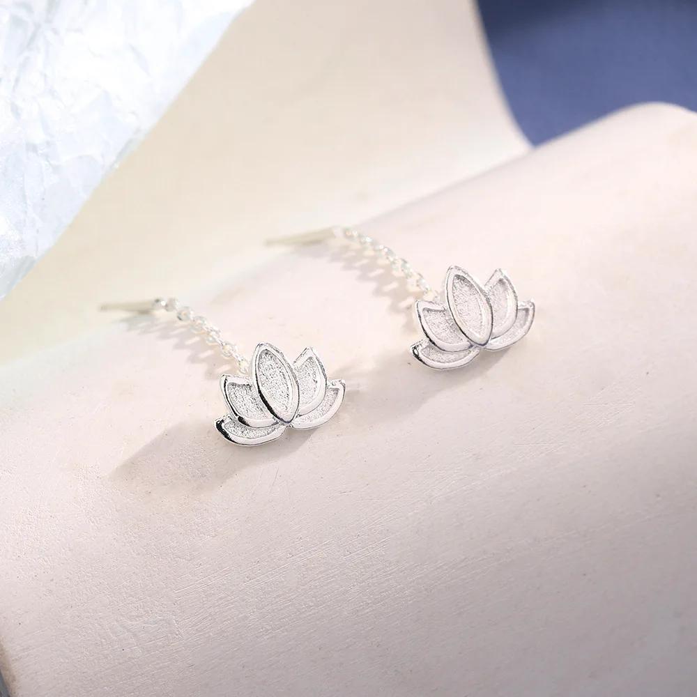 Real 925 Silver Long Cute Lotus Tassels Drop Earrings for Women Plant Fine Jewelry Allergy Minimalist Accessories