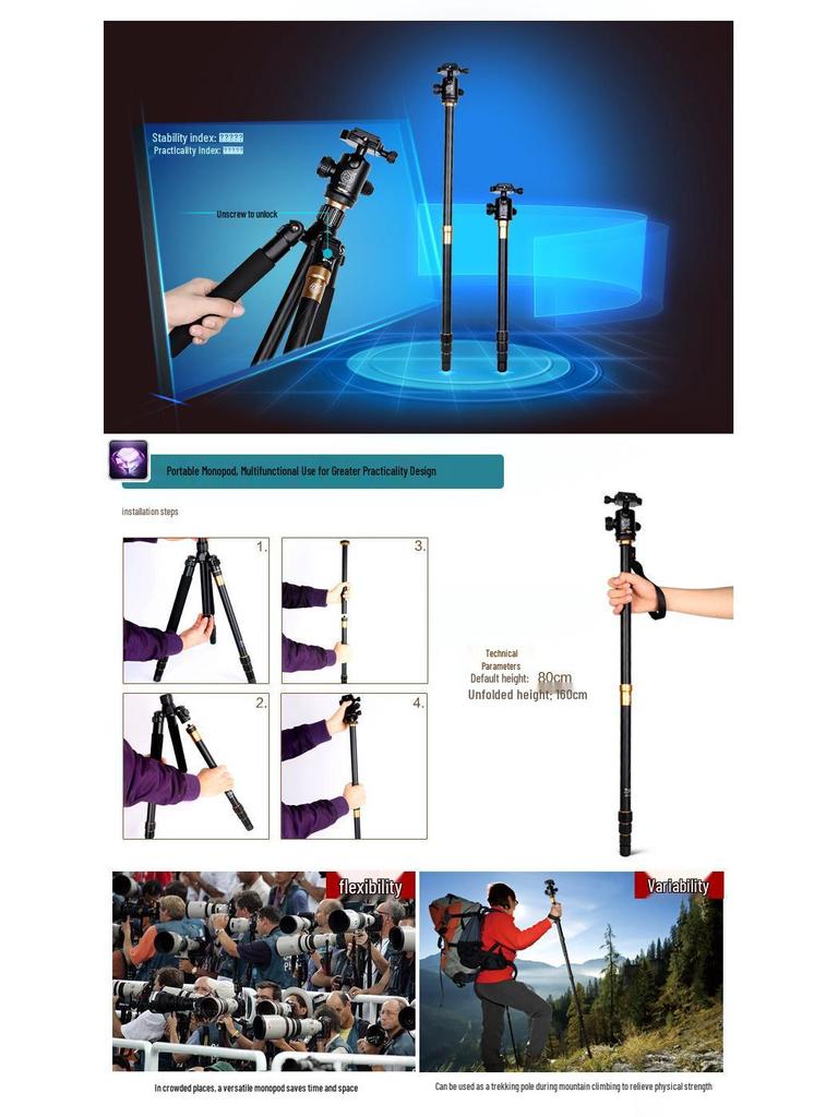 Lightweight Q999 Aluminum-Magnesium Alloy Folding DSLR Tripod - Portable & Stable for Shooting