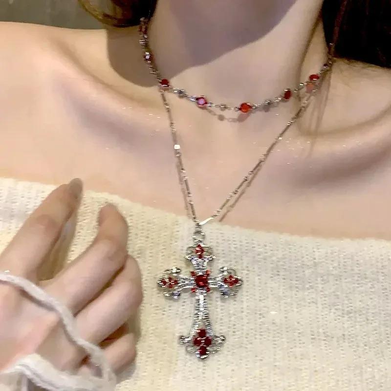 2026 New Punk Y2k Red Cross Double-layered Necklace
