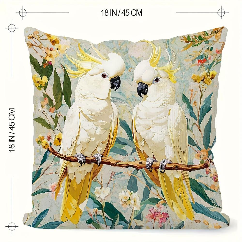 2D Flat- Vintage Tropical Cockatoo Floral Throw Pillow Cover Decorative Square Cushion Case For Home Living Room Bedroom Sofa