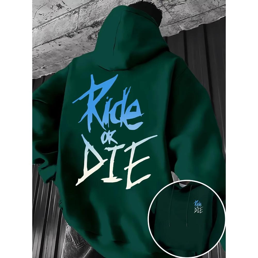 Graffiti Print RIDE OR DIE' Street Style 100% Polyester Fiber Kangaroo Pocket Adjustable Drawstring Black Blue and White