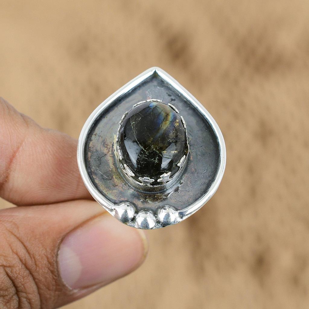 Mothers day Sale 925 Sterling Silver Oval Labradorite Stone Promise Ring Jewelry