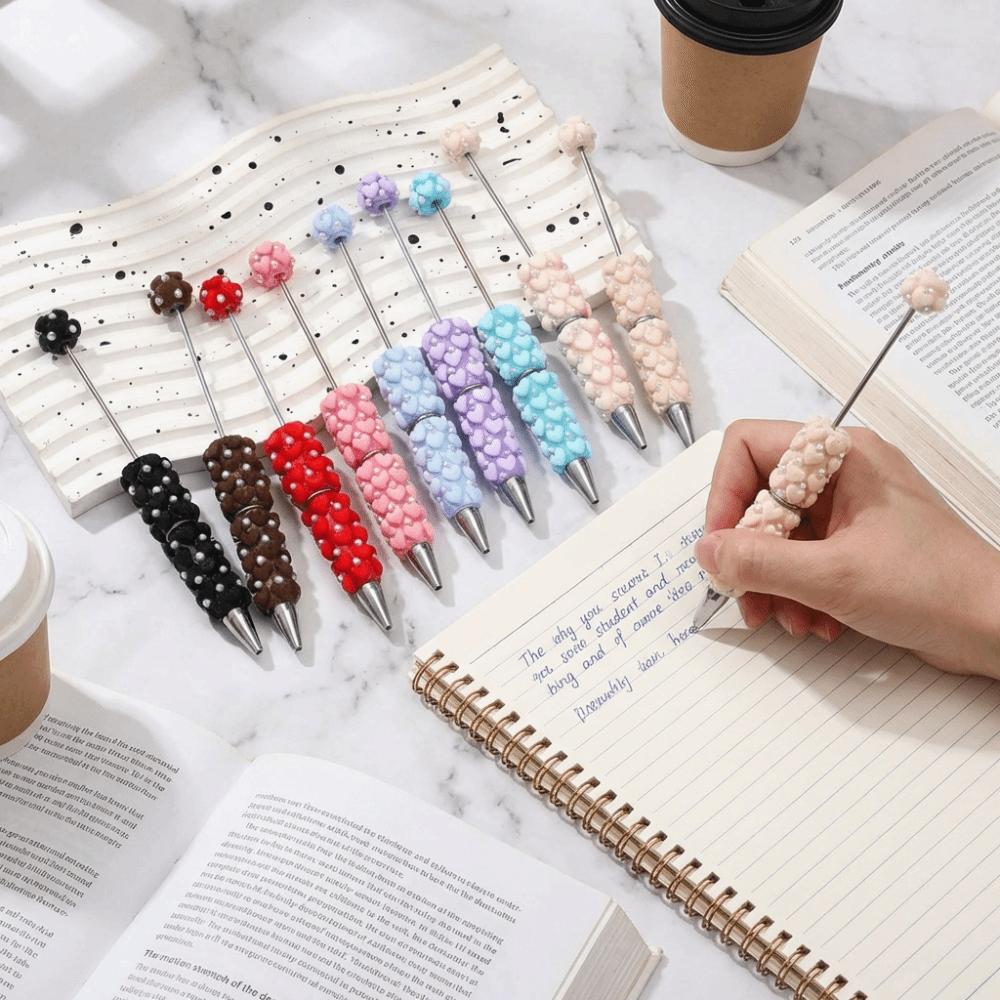 Pearl DIY Clay Heart Bead Pen Full Diamond Smooth Writing Flocked Heart Beaded Pen Handmade Glitter Bead Beaded Ballpoint Pen