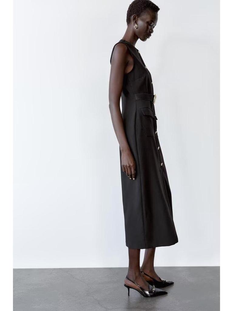 2025 Spring Sleeveless Belted Crepe Midi Dress: European-American Style