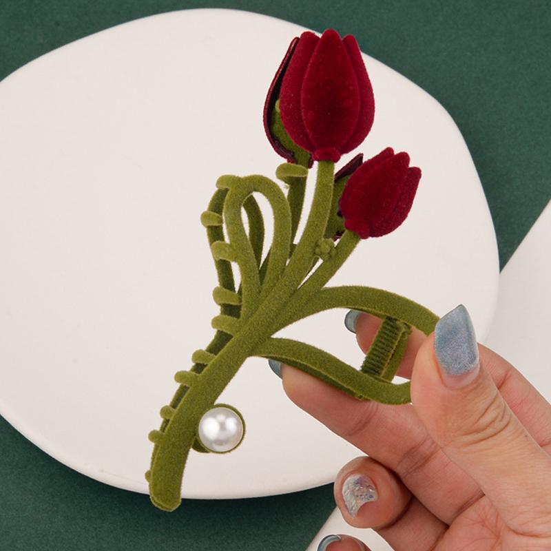 Retro Red Velvet Tulip Hair Clip Sweet Girly Pearl Hair Clip Design Velvet Tulip Hair Elegant Metal Shark Clip Hair Accessories