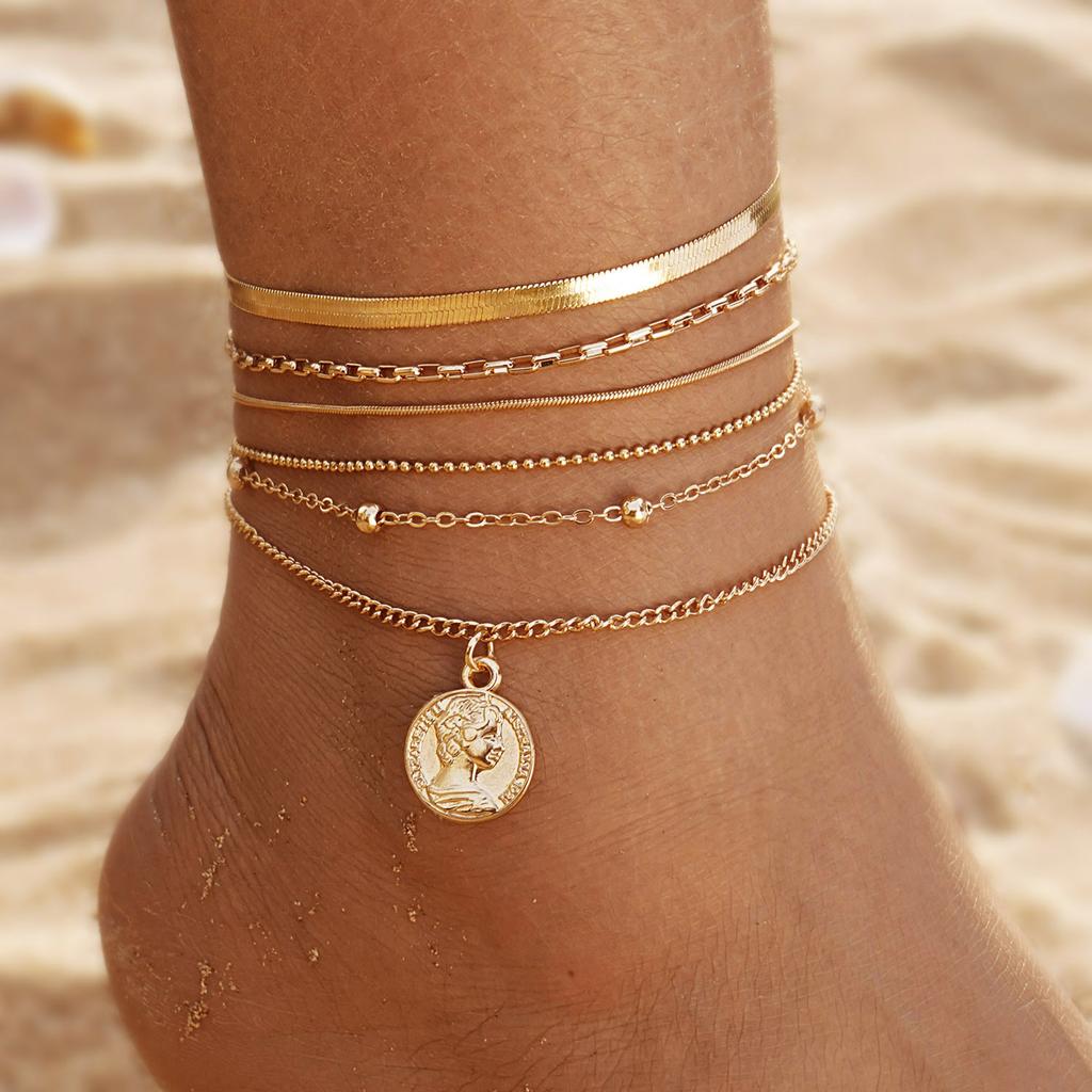 New Metal Retro Multi-layer Anklet Set for Women European and American Fashion Niche High-end Accessories