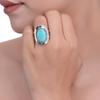Sterling Silver Turquoise Ring - Oval Blue Gemstone Statement Ring with Rope Border - Boho Southwest Style Women's Jewelry