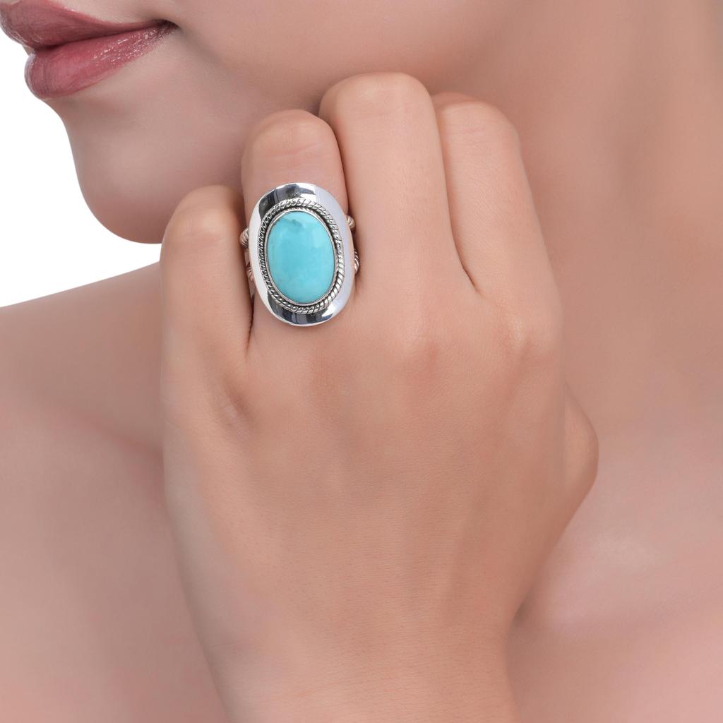 Sterling Silver Turquoise Ring - Oval Blue Gemstone Statement Ring with Rope Border - Boho Southwest Style Women's Jewelry