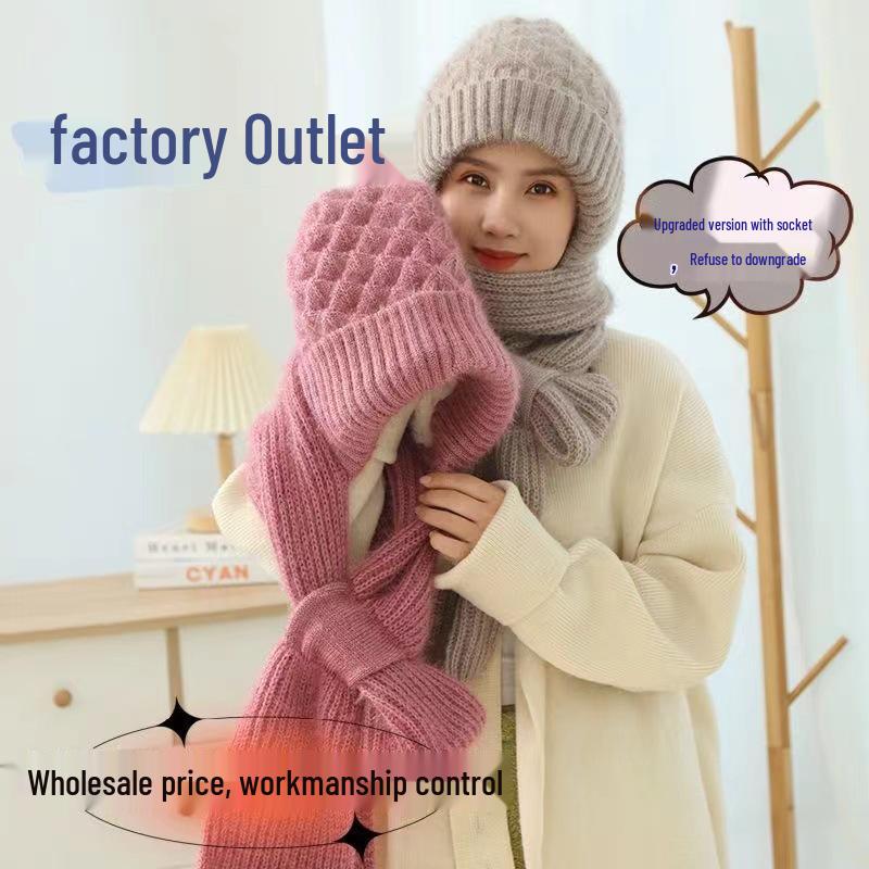Luxury Velvet Knit Scarf with Phoenix Tail Flower Design - Double-Layered, Fleece-Lined Hat for Wind and Snow Protection