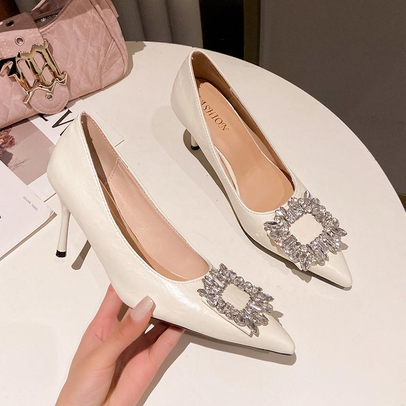 Women Shoes Fashion Rhinestone Square Buckle Bridesmaid Wedding Shoes Solid Flock Pointed Toe Stiletto Pumps French High Heels