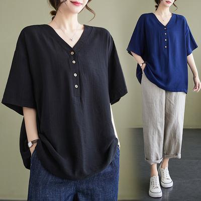 Summer Literature Plus Loose Solid Color V-neck Short Sleeved T-shirt Women's Top T-Shirts Women’s