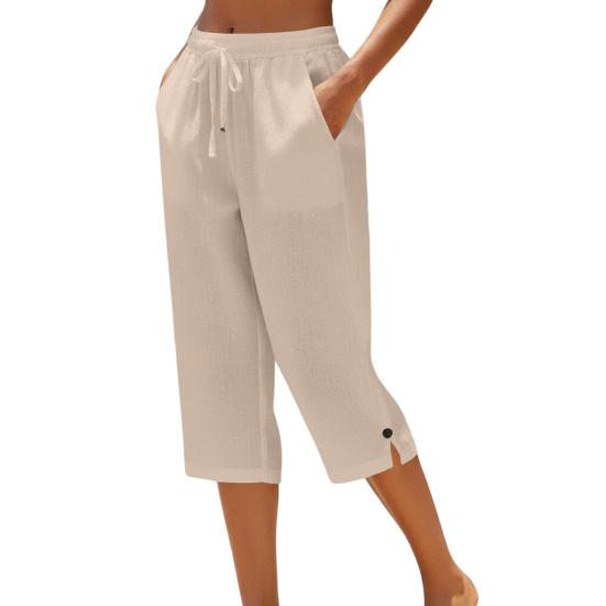 Women Cropped Pants Elastic High Waist Lace-up Straight Leg Casual Trousers with Pockets Breathable Summer Pants School Daily Wear