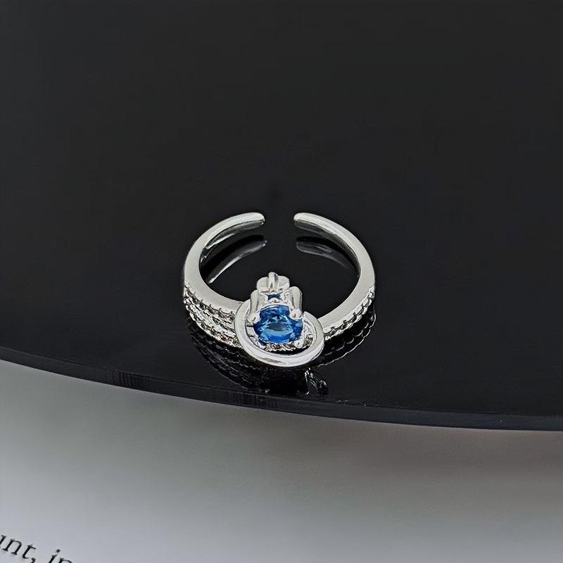Sea Blue Star Exquisite Tetragonal Star Light Luxury Zir*****Pen Ring Personality Niche High-End Feeling Stacked Ring Woman