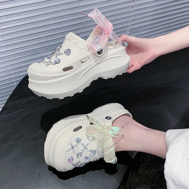 Fashion Luxury Rhinestone Chunky Sandals Women Laser Ribbon Platform Clogs Slippers Woman 2025 Summer Thick Bottom Garden Shoes Female