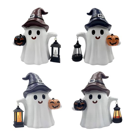 Ghost Statue Solar/Battery-Powered Weather Resistant Resin Whimsical Ghost Pumpkin Design Ornament Halloween Decor