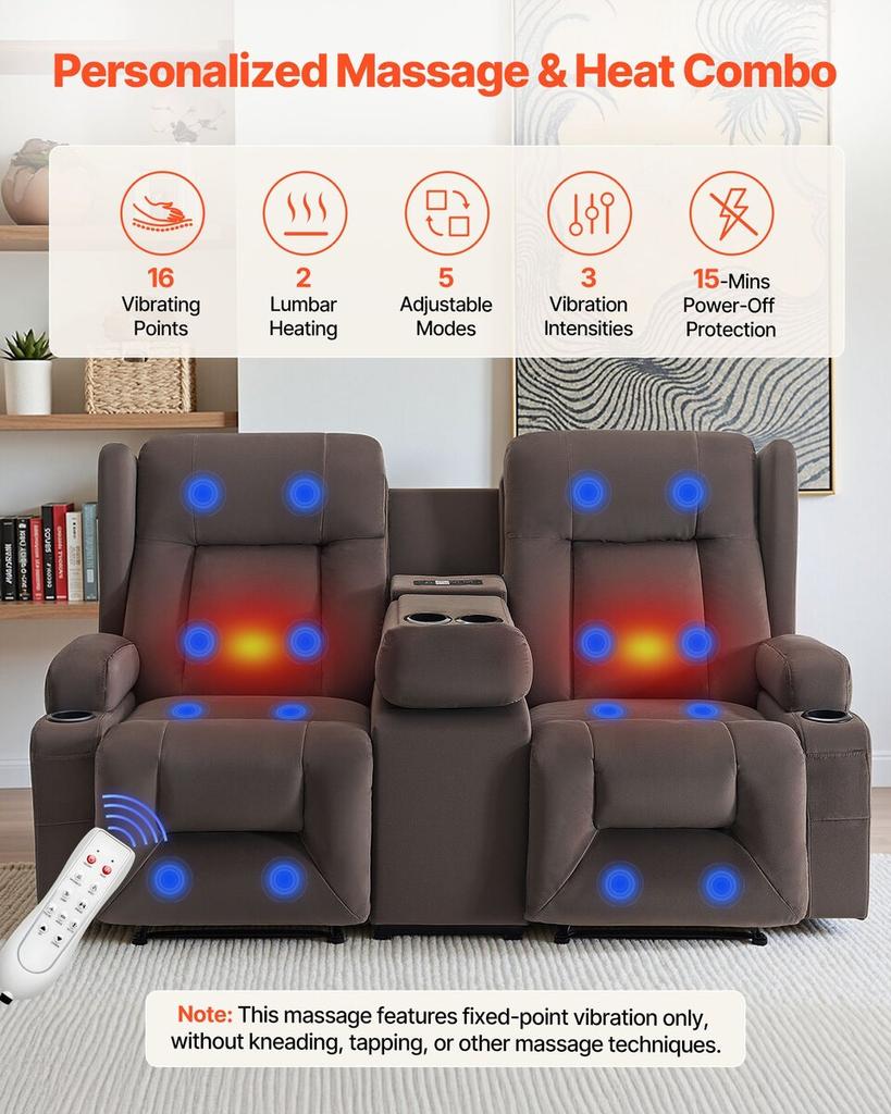 Loveseat Recliner Sofa, Power Reclining Couch with Heating & Massage, Suede Electric Recliner Sofa with Center Console, USB Ports, Cup Holders & Side