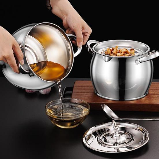 Stainless Steel Oil Pot with Double Handles And Strainer Large Capacity Oil Container with Lid Heat-Resistant Rust-Proof Multi-Purpose Kitchen Tool
